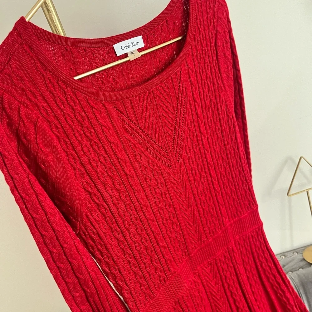 Calvin Klein Vibrant Red modest casual Knit Long Sleeve Dress S
